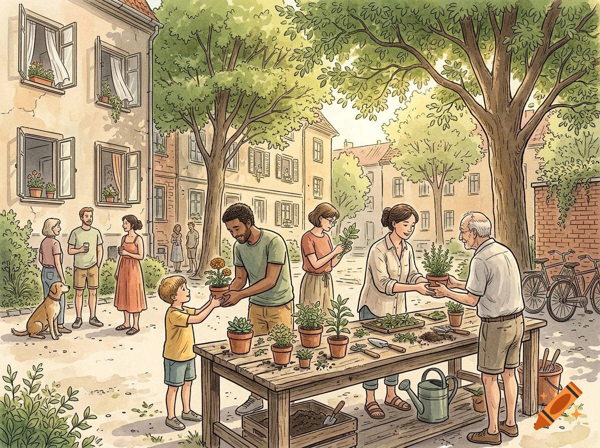 An illustrated outdoor community gardening scene with people of various ages gathered around a wooden table sharing potted plants and working together in a sunny courtyard.