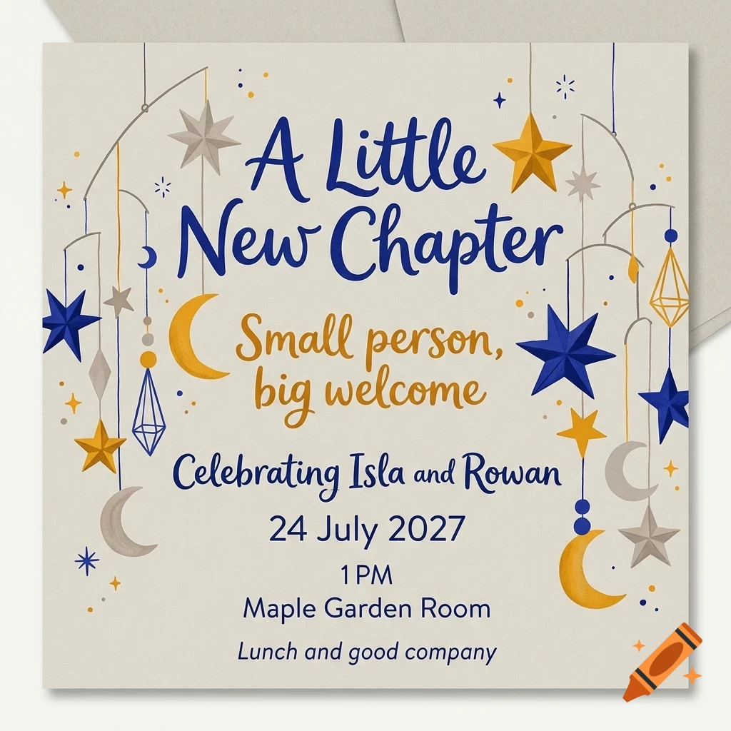 An invitation card featuring hanging stars, moons, and mobiles, with blue and gold text reading A Little New Chapter.