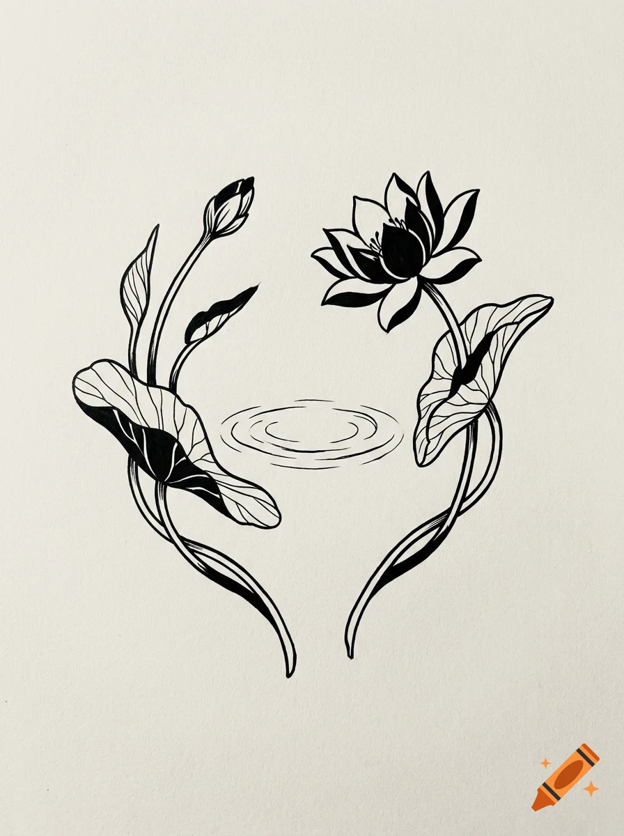 Black and white line drawing of a lotus flower, a bud, and leaves flanking rippling water.
