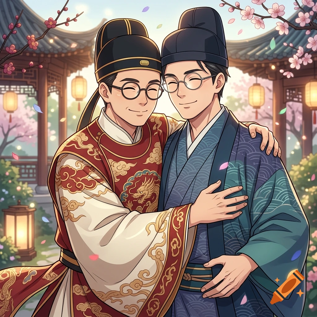 Anime style illustration of two smiling men in traditional Asian attire and glasses hugging each other in a courtyard with cherry blossoms.