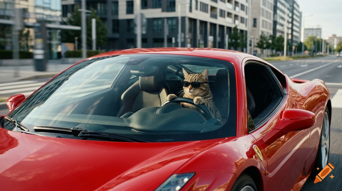 A photorealistic cat wearing sunglasses while driving a red sports car down a city street.