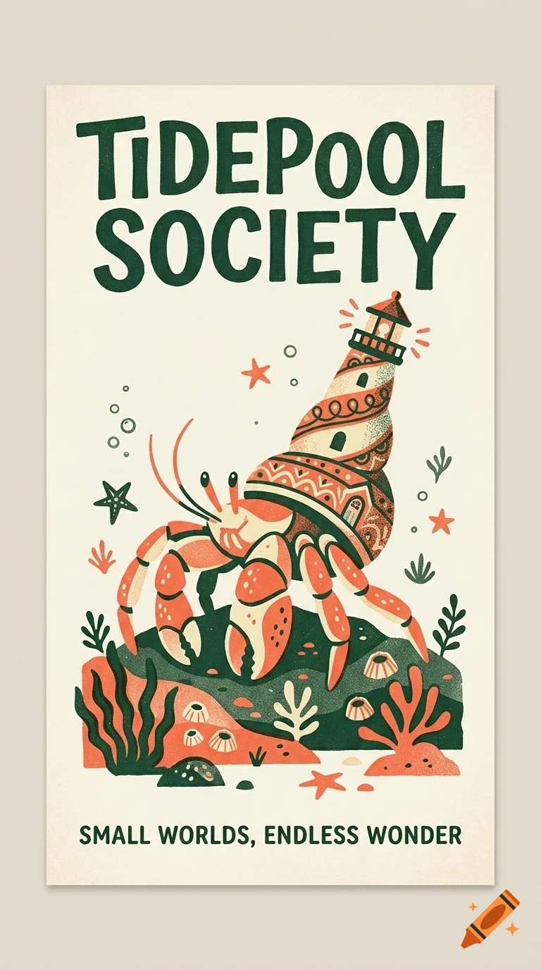 An illustrated poster featuring a hermit crab with a shell shaped like a lighthouse, surrounded by sea life, with the text TIDEPOOL SOCIETY and SMALL WORLDS, ENDLESS WONDER.
