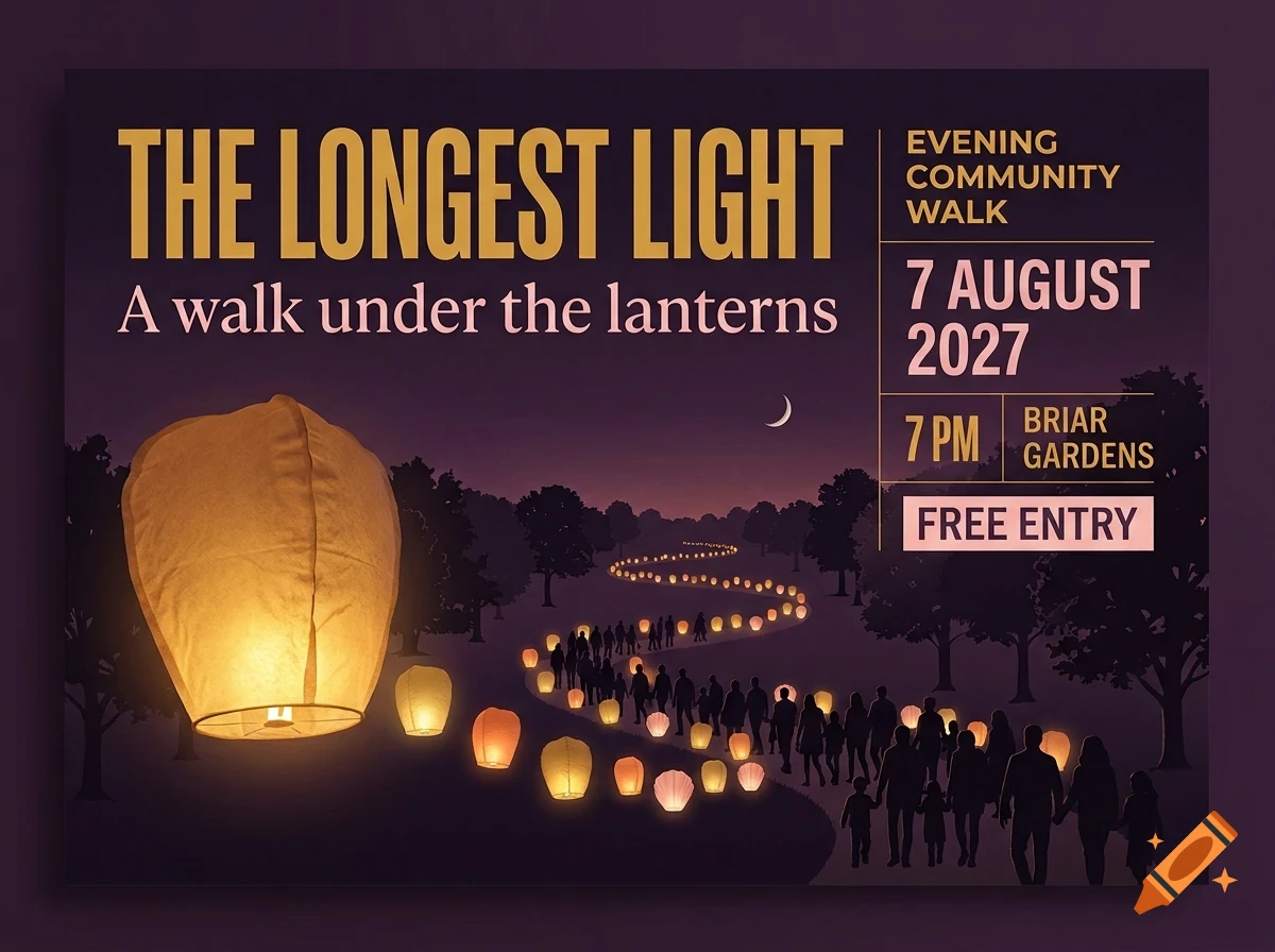 An event poster titled The Longest Light showing silhouettes of people walking a winding path carrying glowing lanterns at night.