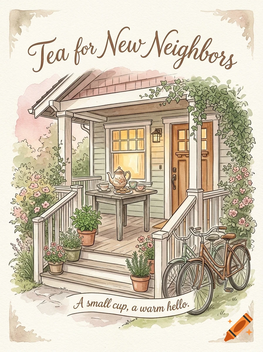 A watercolor illustration of a cozy porch with a small table set with a teapot and cups, surrounded by potted plants, flowers, and bicycles, with the text Tea for New Neighbors at the top.