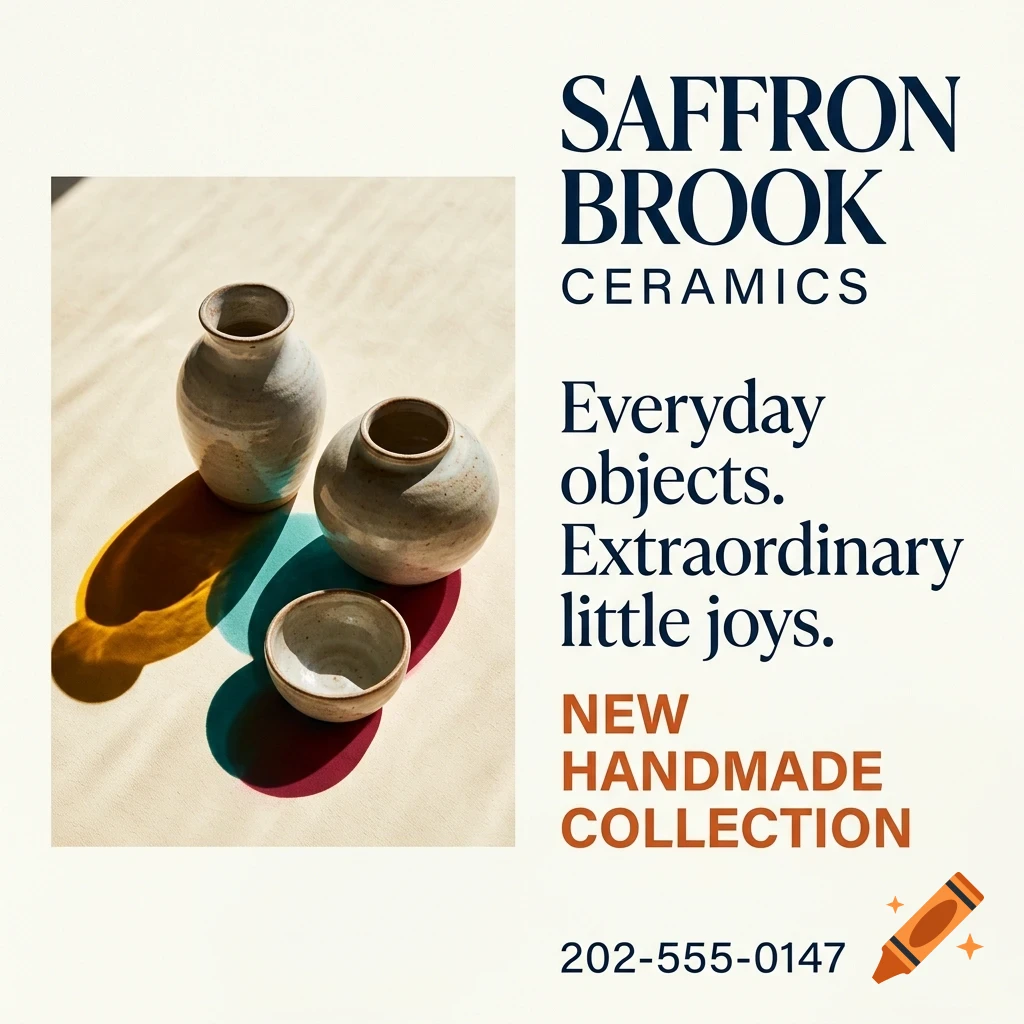 An advertisement for Saffron Brook Ceramics featuring three ceramic vessels with colorful shadows and text reading Everyday objects. Extraordinary little joys.