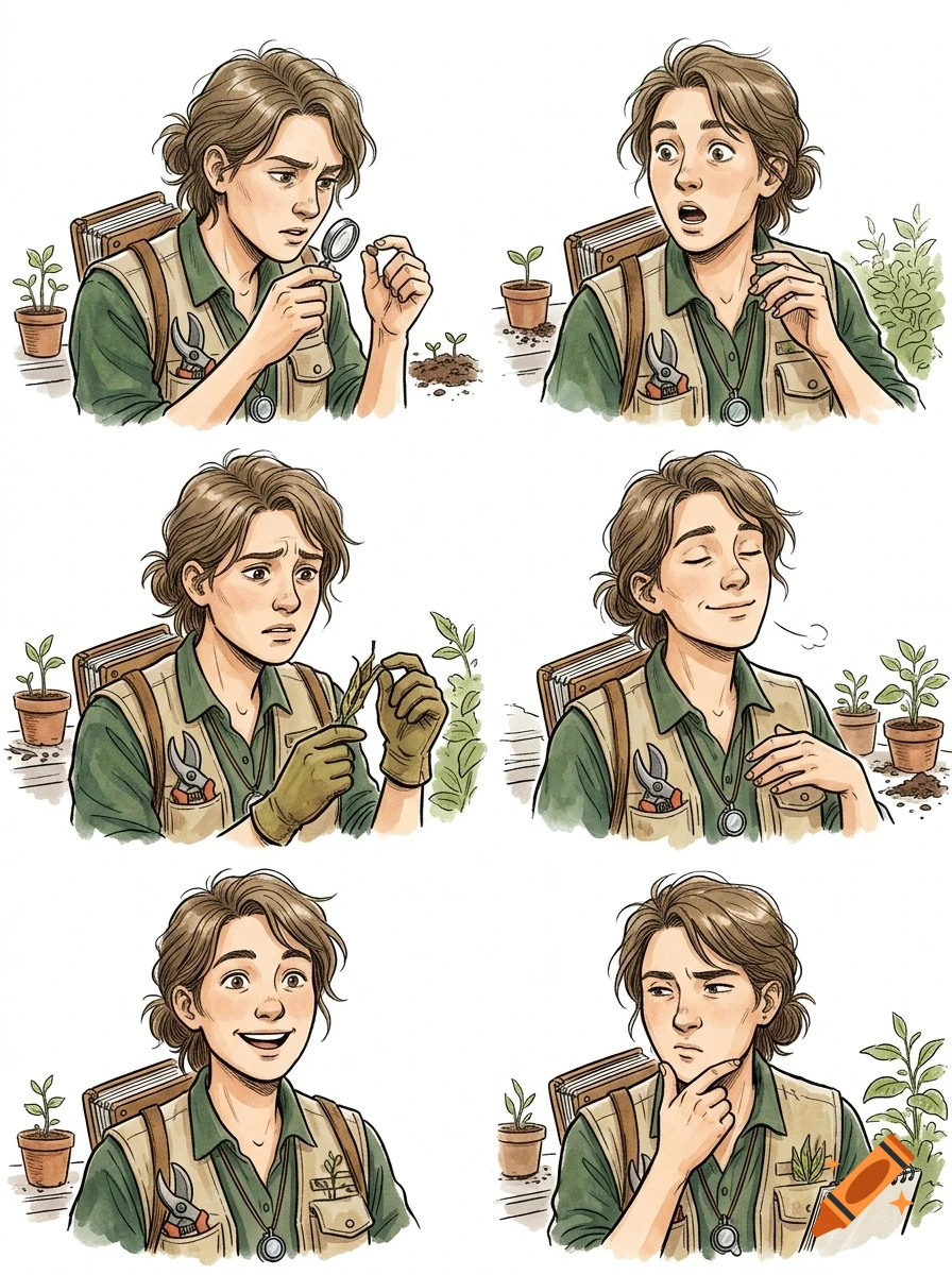 A comic strip showing six panels of a young botanist with brown hair in various expressions, examining plants and seeds with tools.