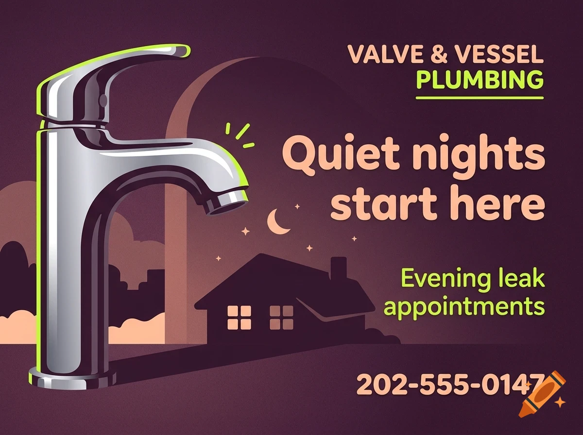 An advertisement for Valve & Vessel Plumbing featuring a silver faucet illustration against a dark background with text and a house silhouette.
