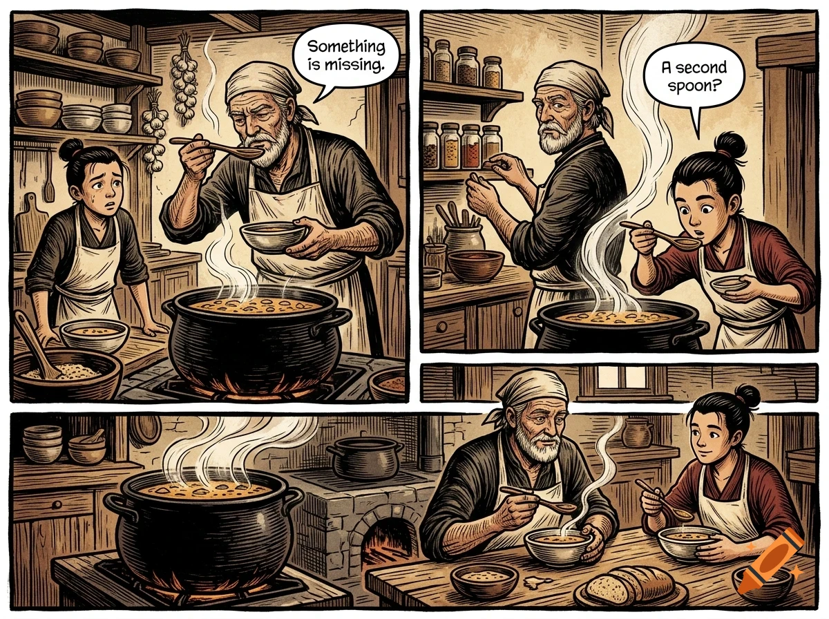 A comic strip showing an older man and a younger person cooking and tasting soup in a rustic kitchen.