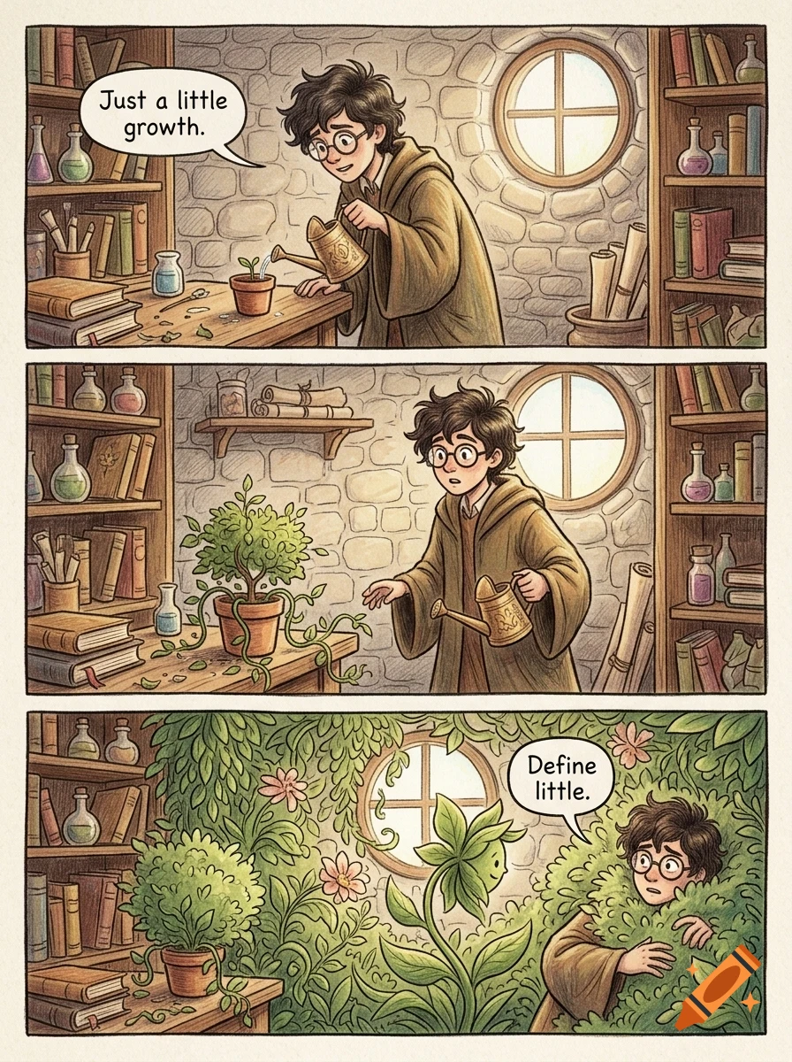 A comic strip showing a boy watering a small potted sprout in a stone room, which rapidly grows into a massive plant overtaking the space.