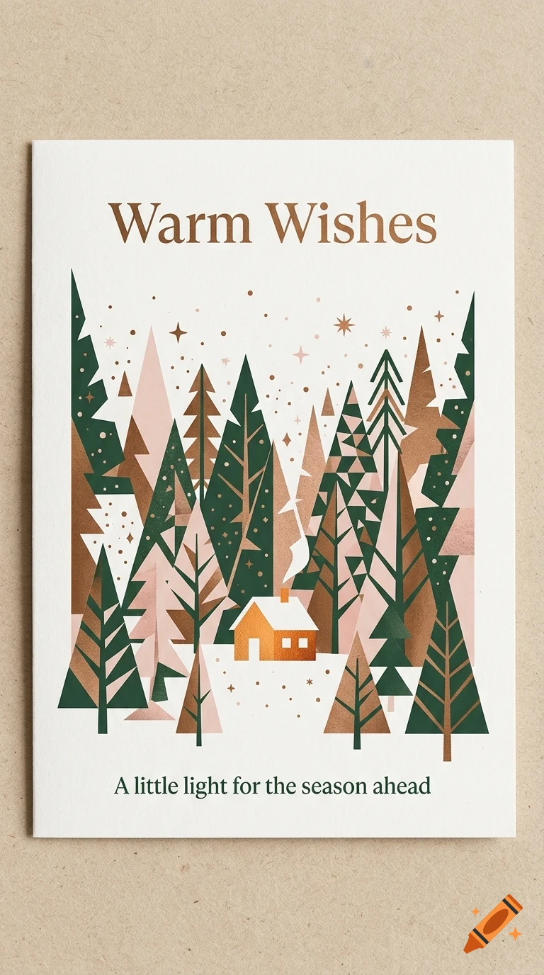 A greeting card featuring an illustrated winter scene with pine trees, a small cabin with smoke, and text reading Warm Wishes and A little light for the season ahead.