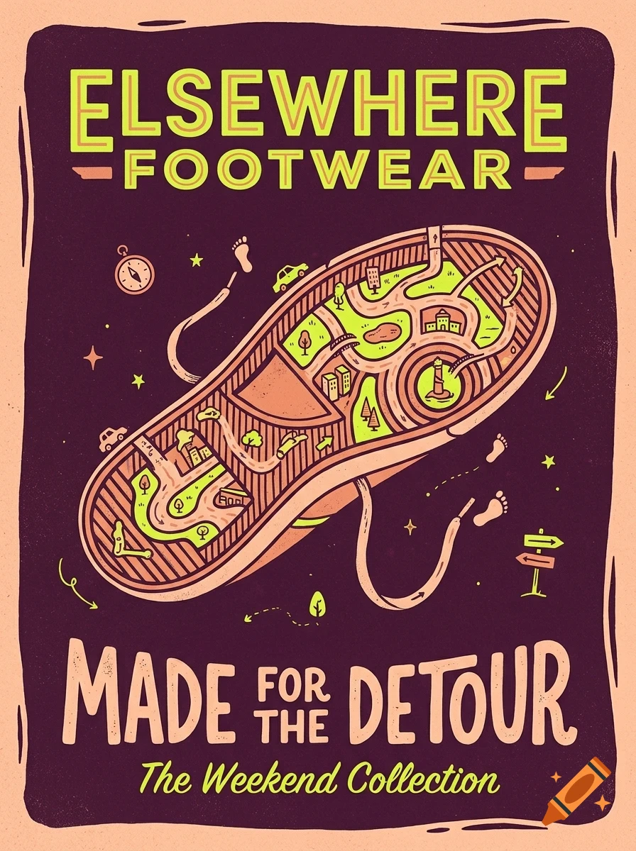 An illustrated poster featuring a sneaker sole designed as a map with roads, buildings, and cars, with text reading Elsewhere Footwear and Made for the detour.