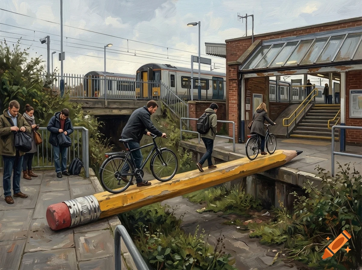 An oil painting of people at a train station with a giant yellow pencil serving as a bridge over a gap.
