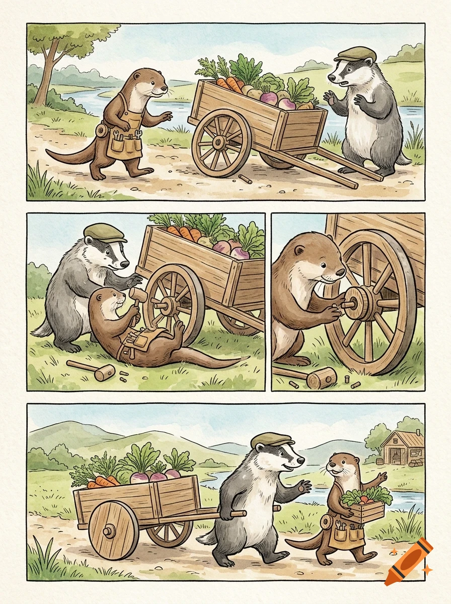 A comic strip showing an otter and a badger working together to fix a wooden cart full of vegetables.