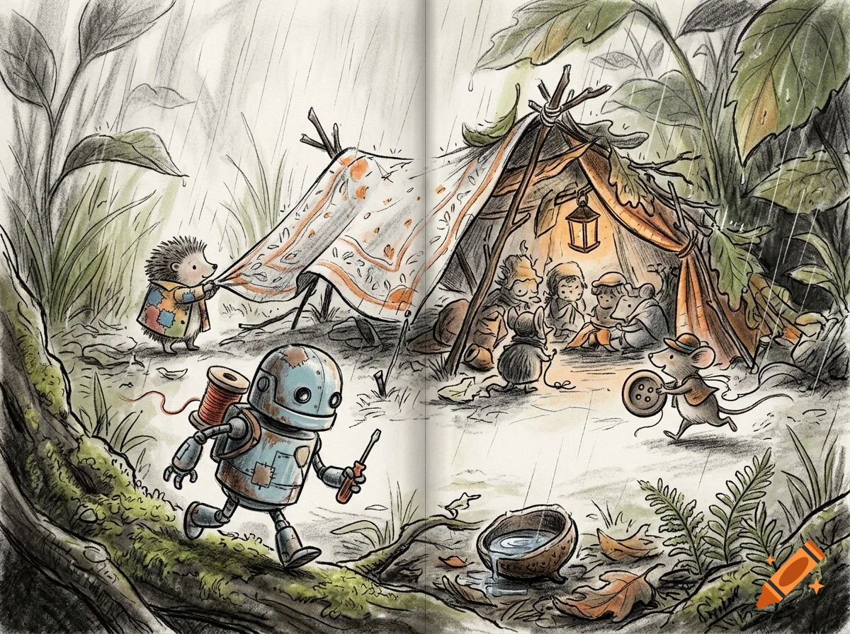 An illustrated woodland scene in the rain featuring a small robot carrying a screwdriver and thread, a hedgehog fixing a tent, and mice gathered inside an illuminated tent.