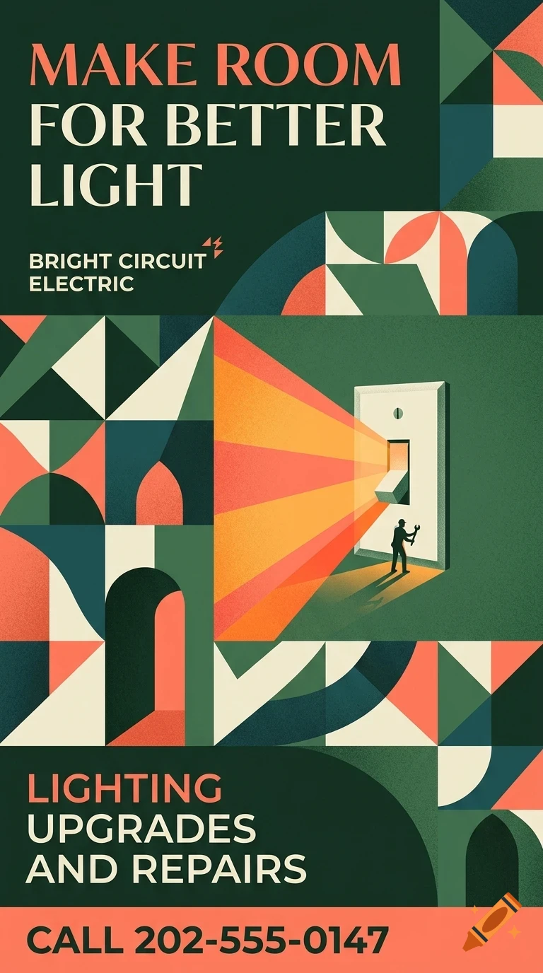 An ad for Bright Circuit Electric with geometric shapes and a light switch emitting orange light rays.