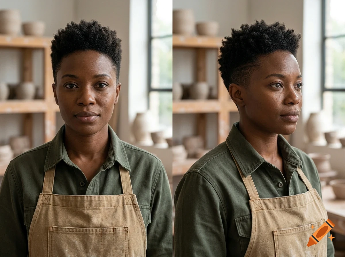 A Black woman wearing a green shirt and tan apron in a pottery studio, shown in two side-by-side angles.