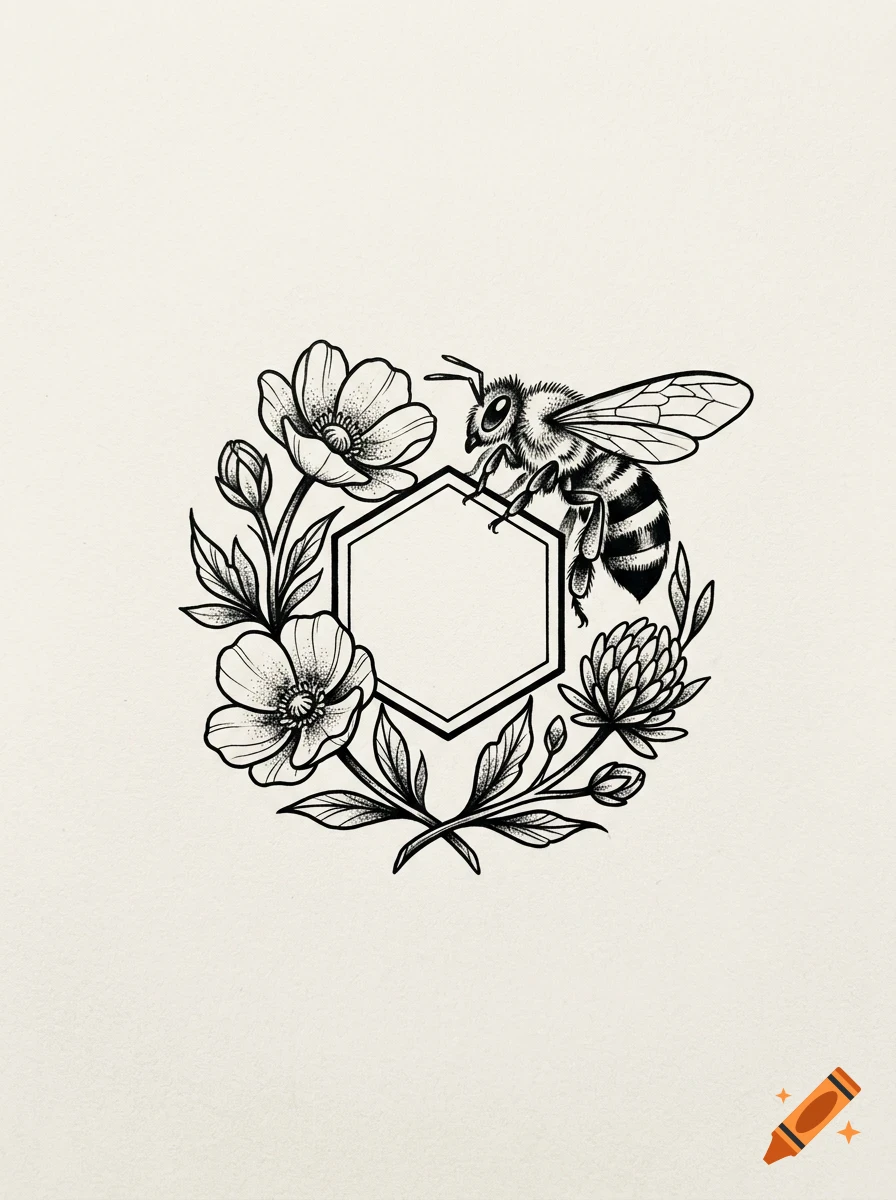 A black and white line drawing of a honeybee perched on a hexagon, surrounded by flowers and leaves.
