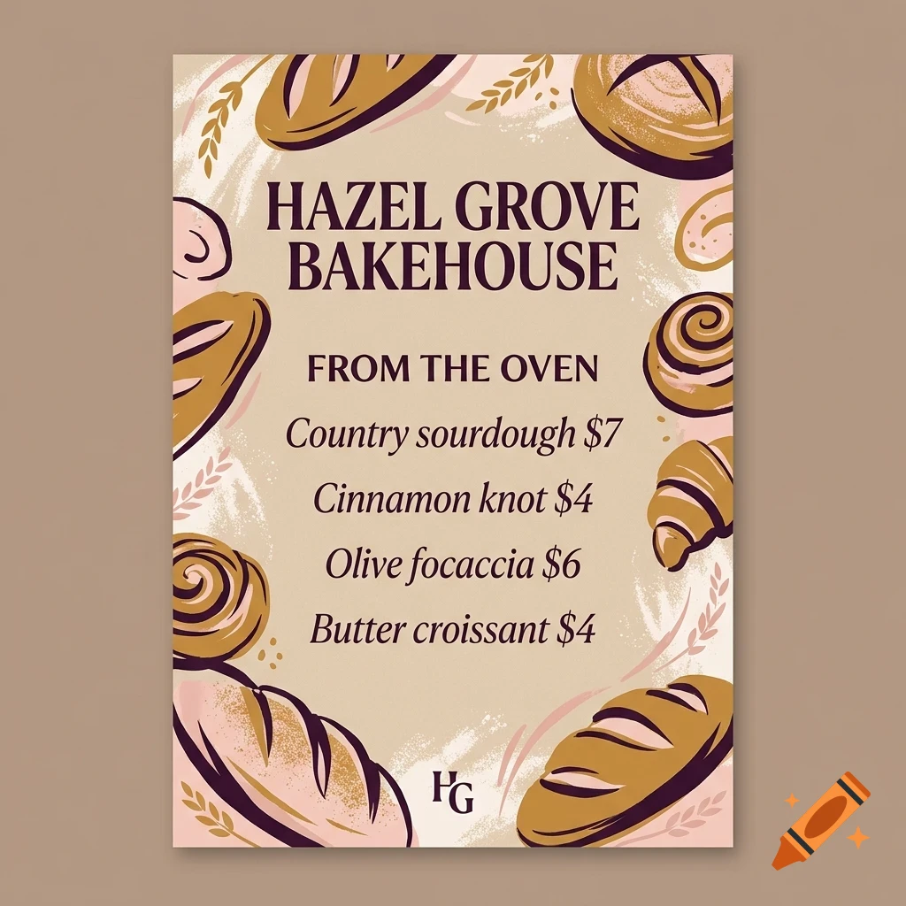 A poster for Hazel Grove Bakehouse listing baked goods and prices, surrounded by illustrations of bread and pastries.