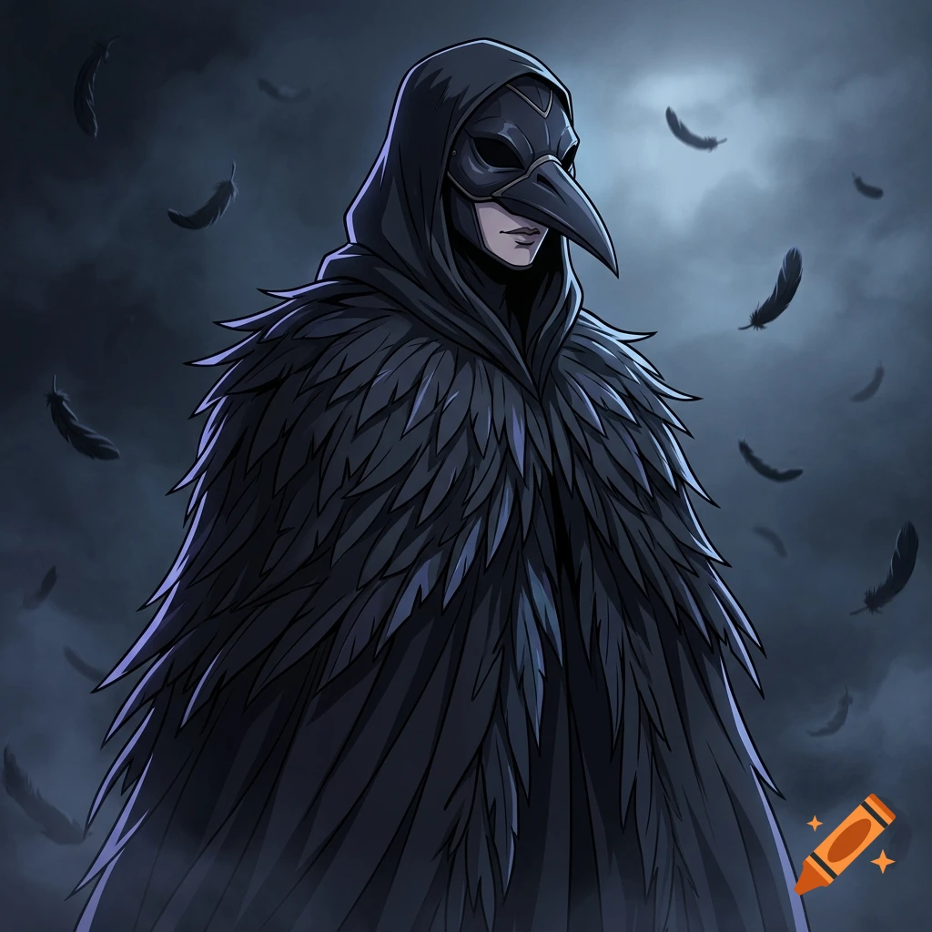 An anime-style illustration of a mysterious figure in a dark feather cloak and a pointed bird mask, surrounded by floating feathers against a dark, cloudy sky.