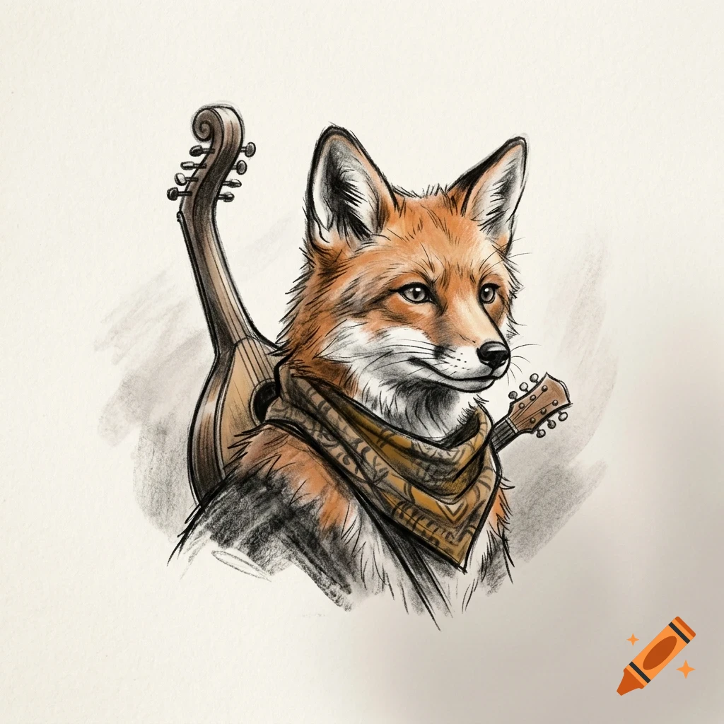 An ink and pencil sketch of a fox wearing a patterned bandana and carrying a stringed instrument on its back.