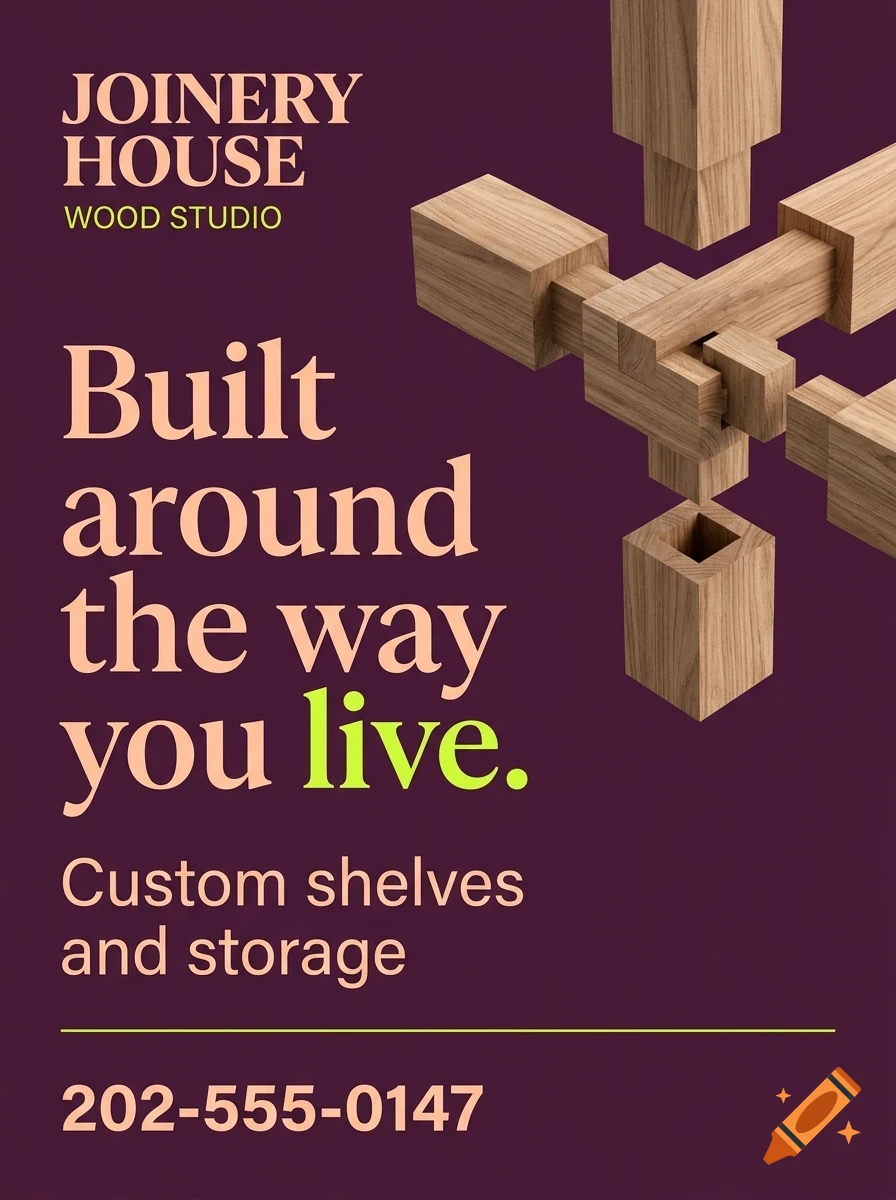 An advertisement for Joinery House Wood Studio on a dark background, featuring interlocking wooden joinery blocks and overlaid text.