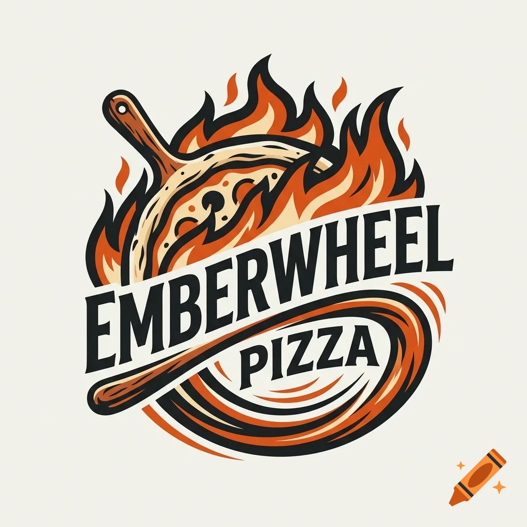 A logo design for Emberwheel Pizza featuring a pizza on a peel surrounded by flames and text.