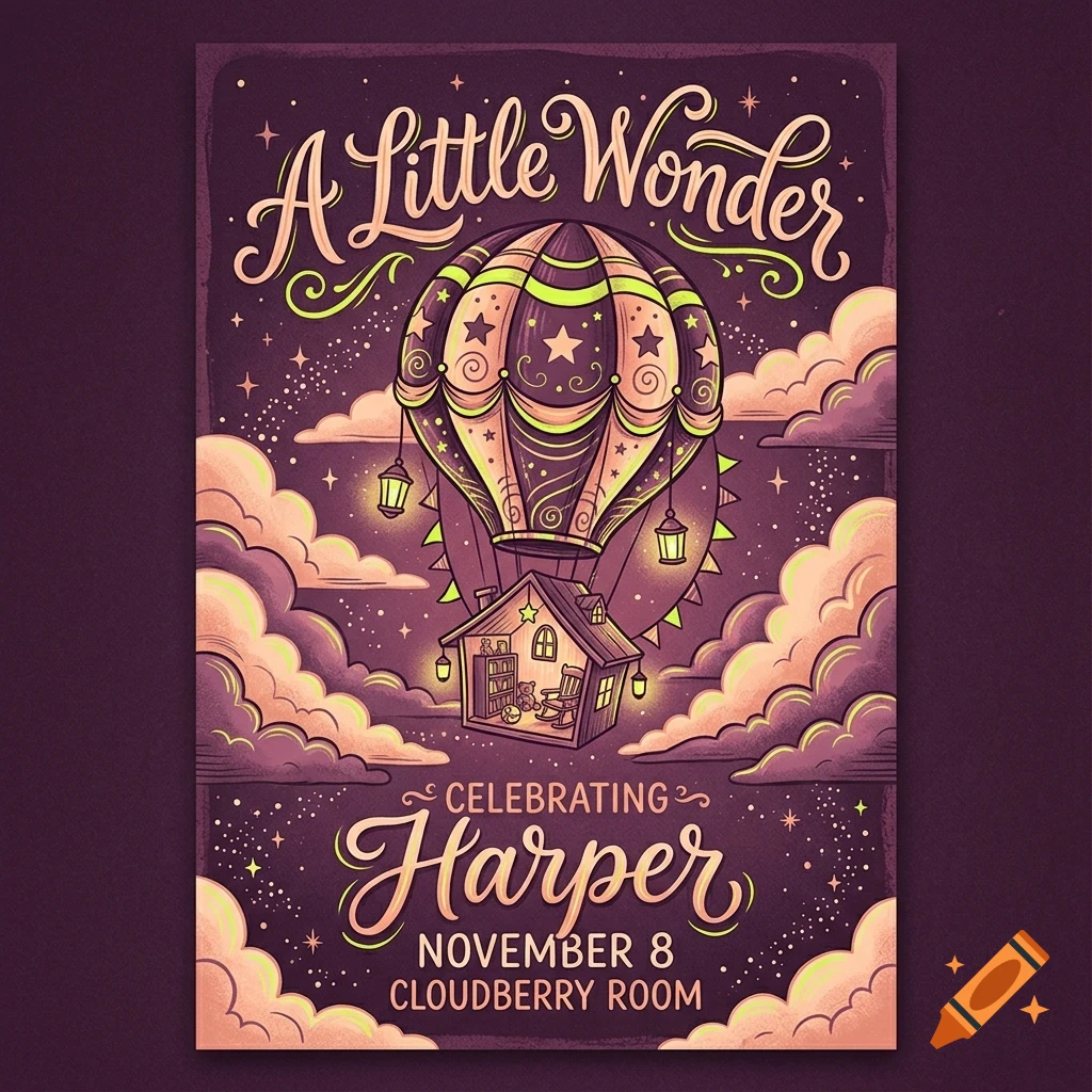 An illustrated poster featuring a hot air balloon carrying a small house amidst clouds and stars, with the text A Little Wonder and Celebrating Harper November 8 Cloudberry Room.