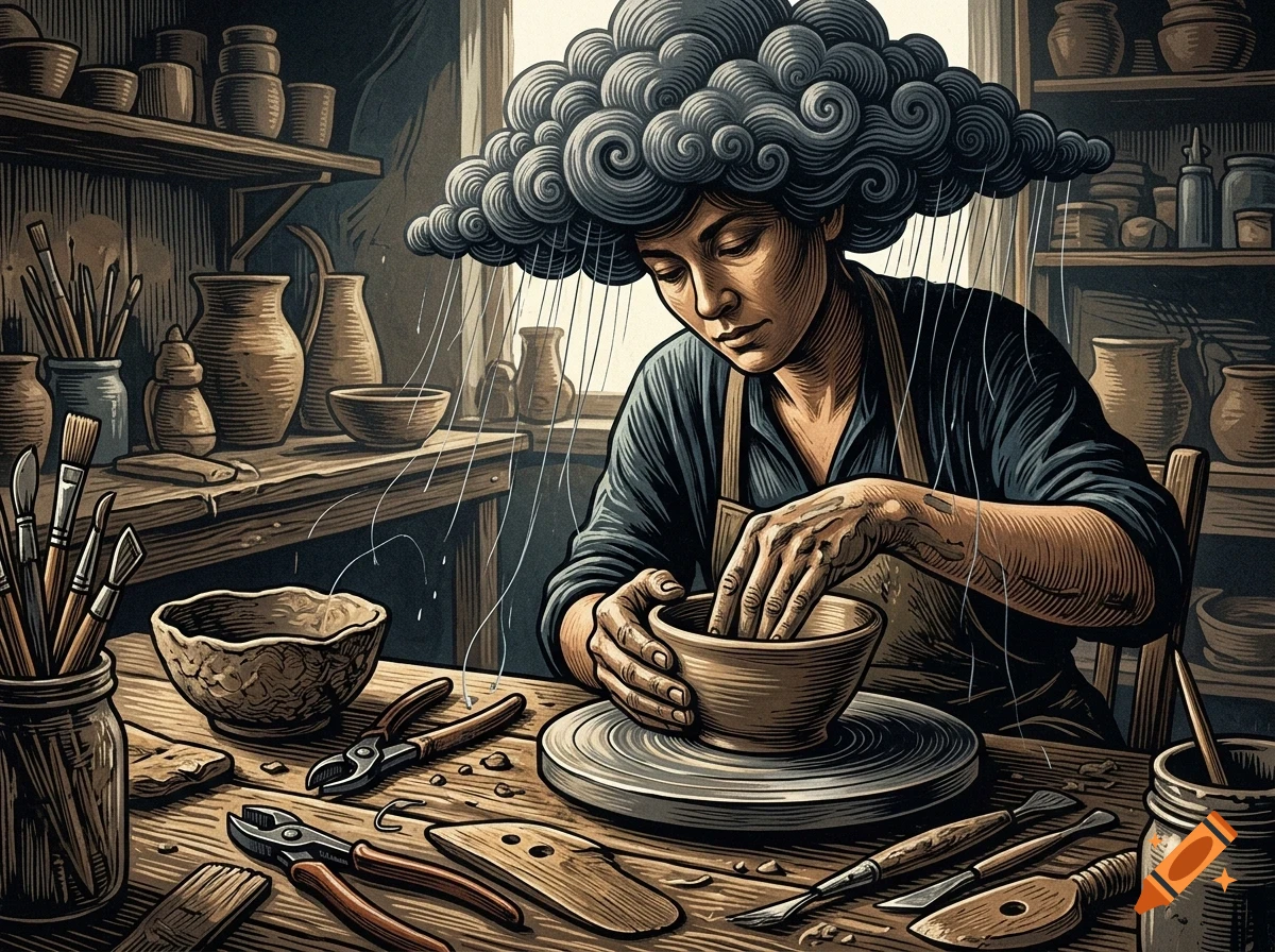 An artist with a storm cloud for hair shapes a clay bowl in a pottery workshop, with rain falling from the cloud.