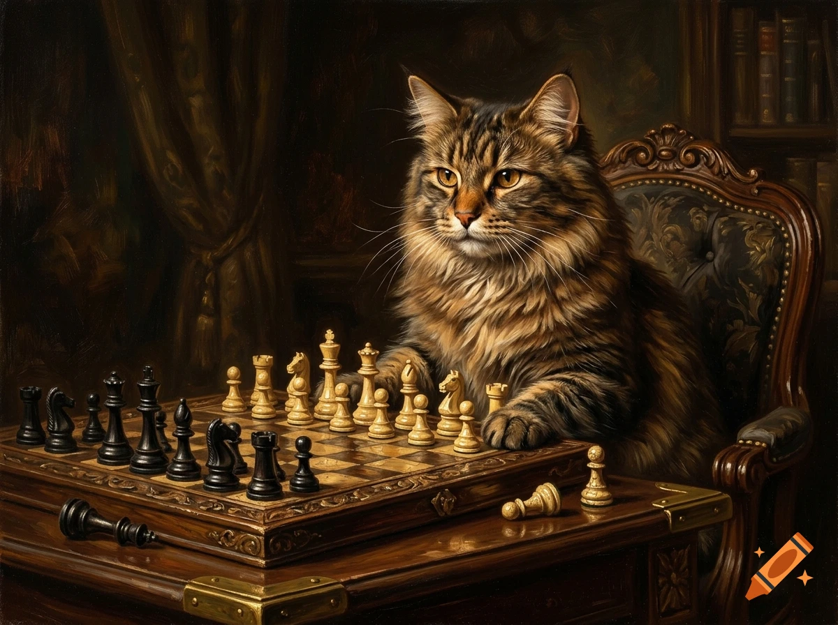 An oil painting of a fluffy brown tabby cat sitting in a wooden armchair, playing chess in a dimly lit room with heavy drapes.