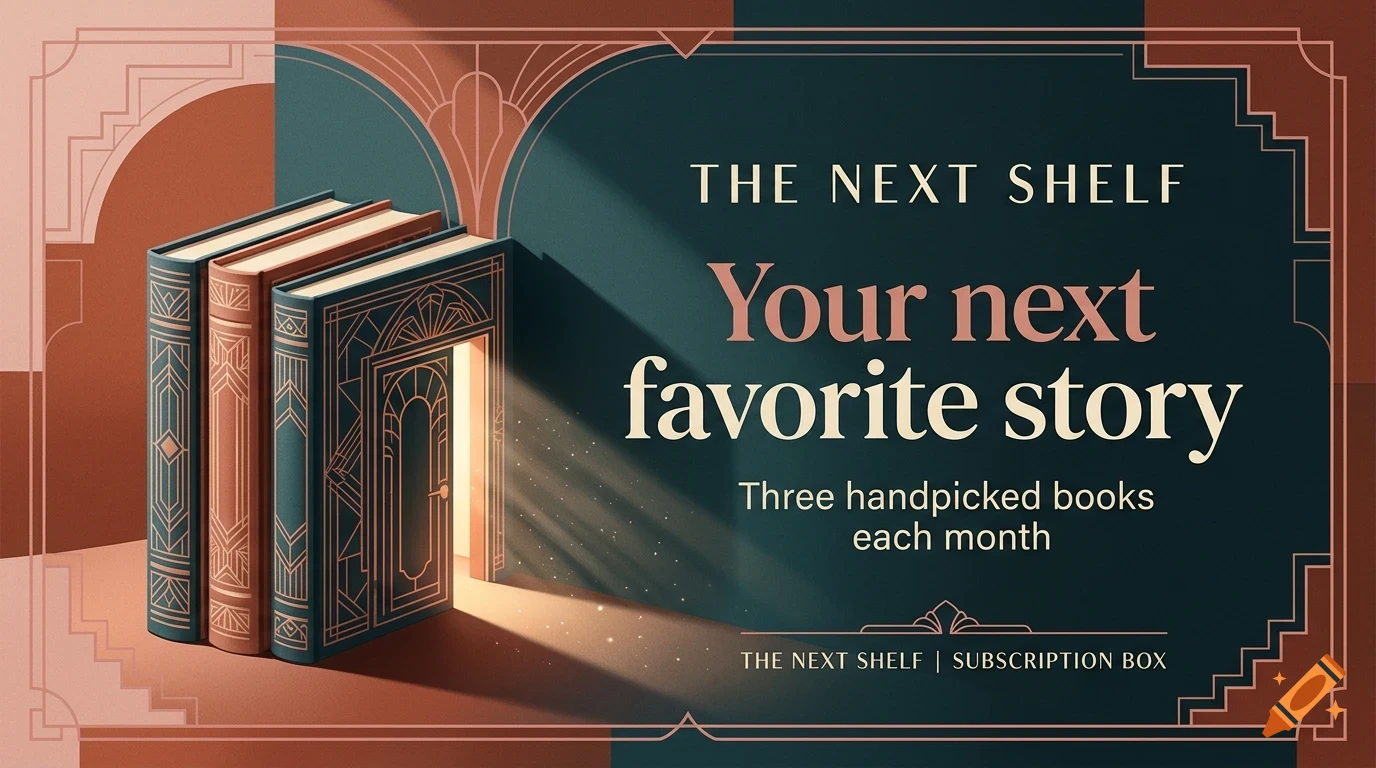 An art deco style design featuring three books standing upright, with light streaming out from an open doorway on the spine of the front book, accompanied by text reading The Next Shelf and Your next favorite story.
