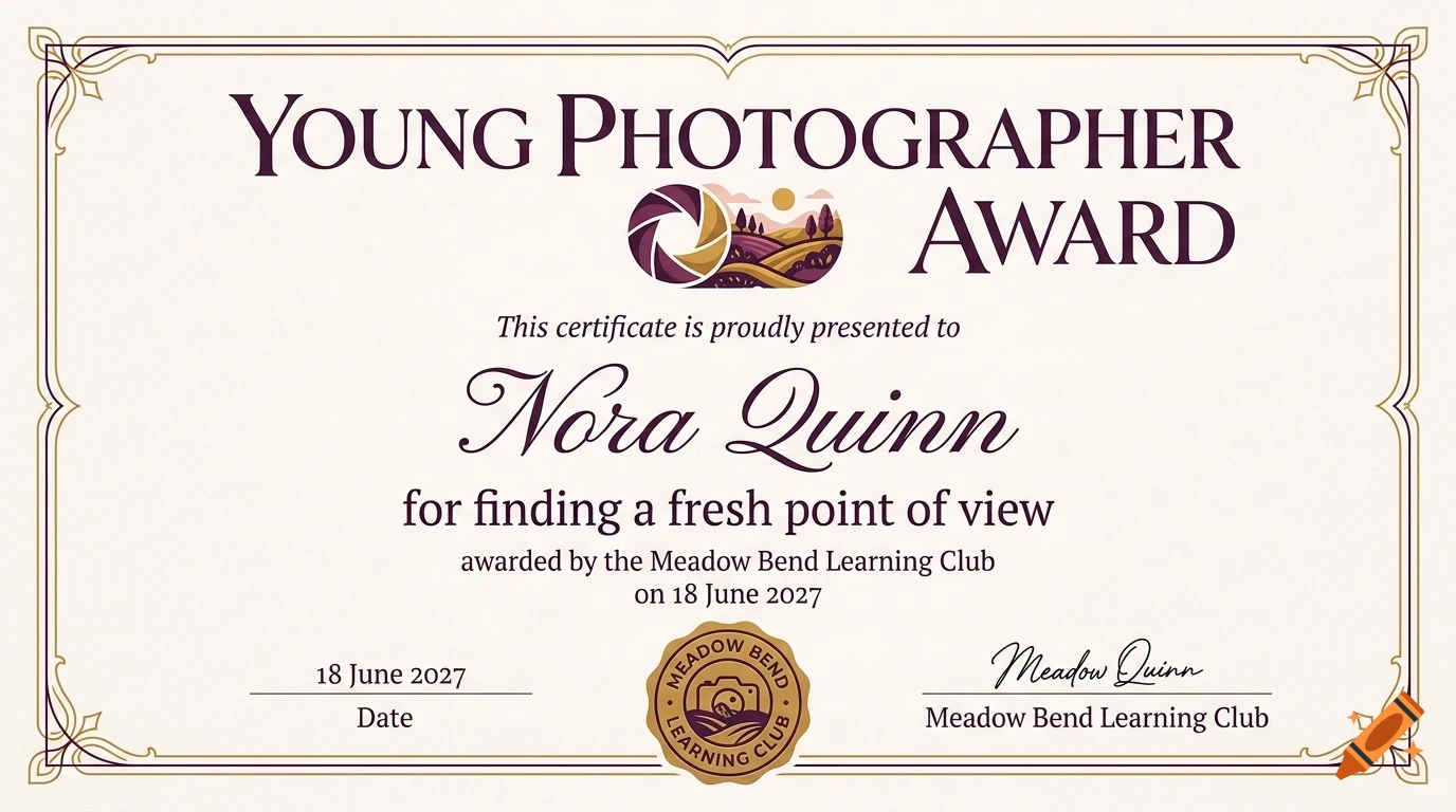 An award certificate titled Young Photographer Award with ornate borders and typography.
