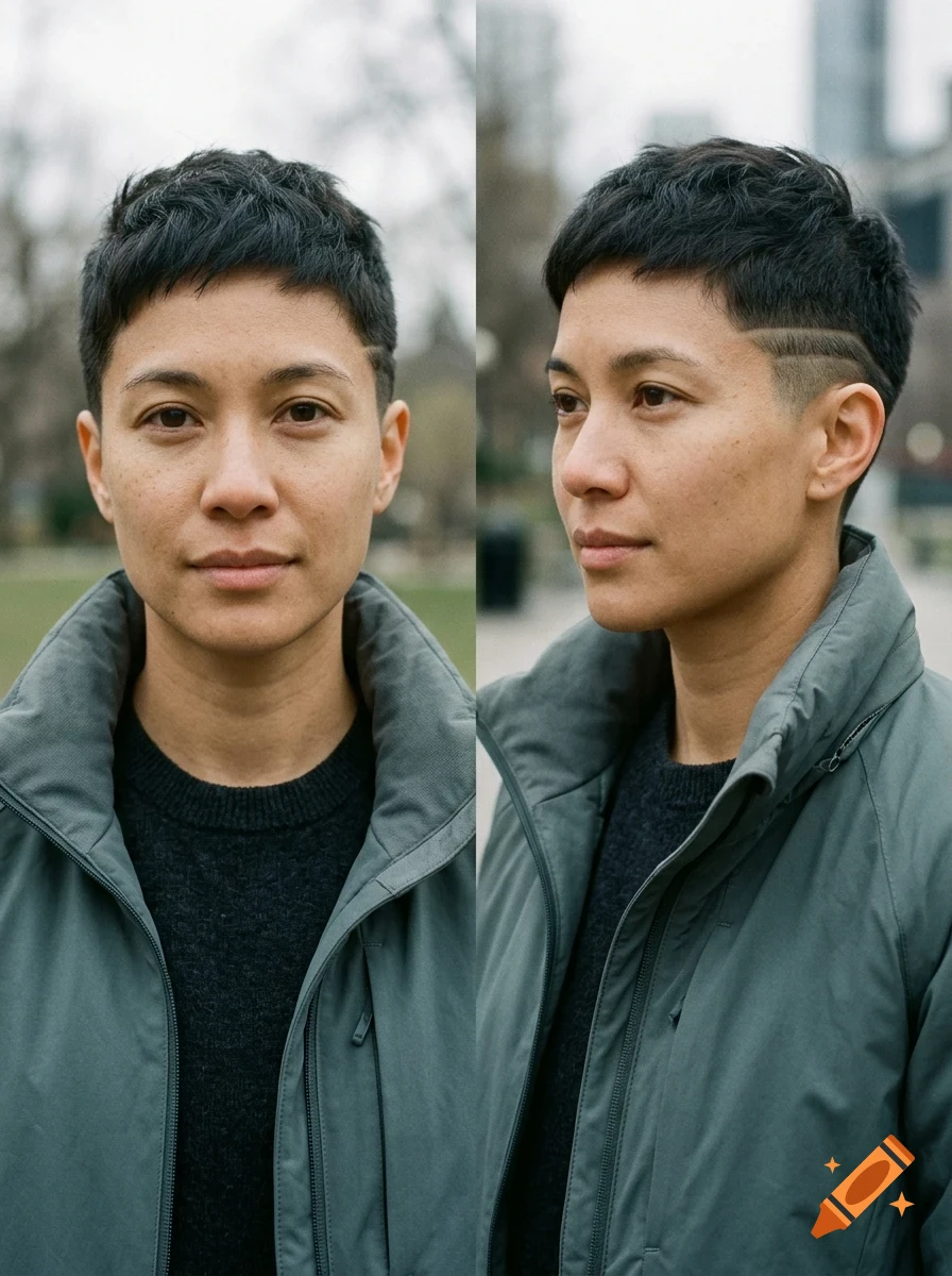 Front and side portraits of a person with short dark hair and a jacket.