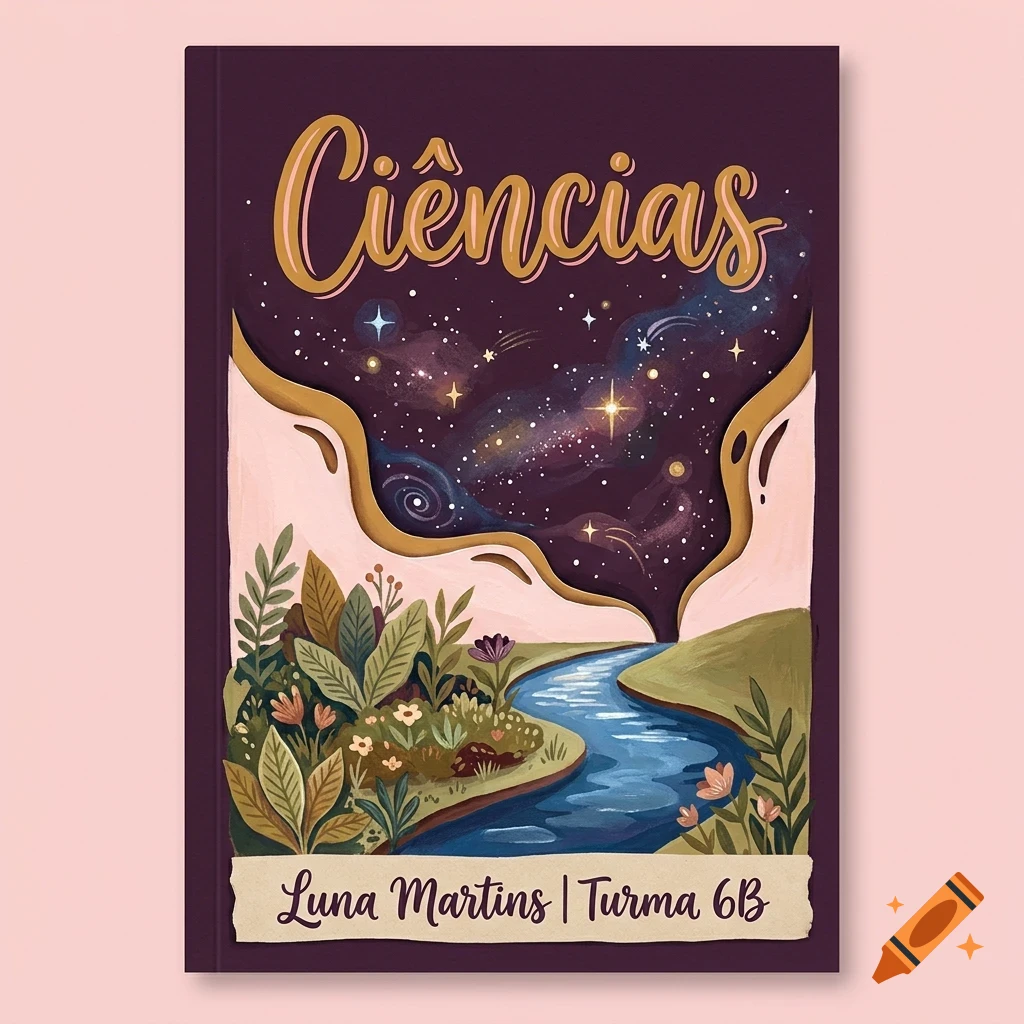 An illustration on a book cover depicting a flowing river and plants leading into a starry night sky, with the text 'Ciências' and 'Luna Martins | Turma 6B'.