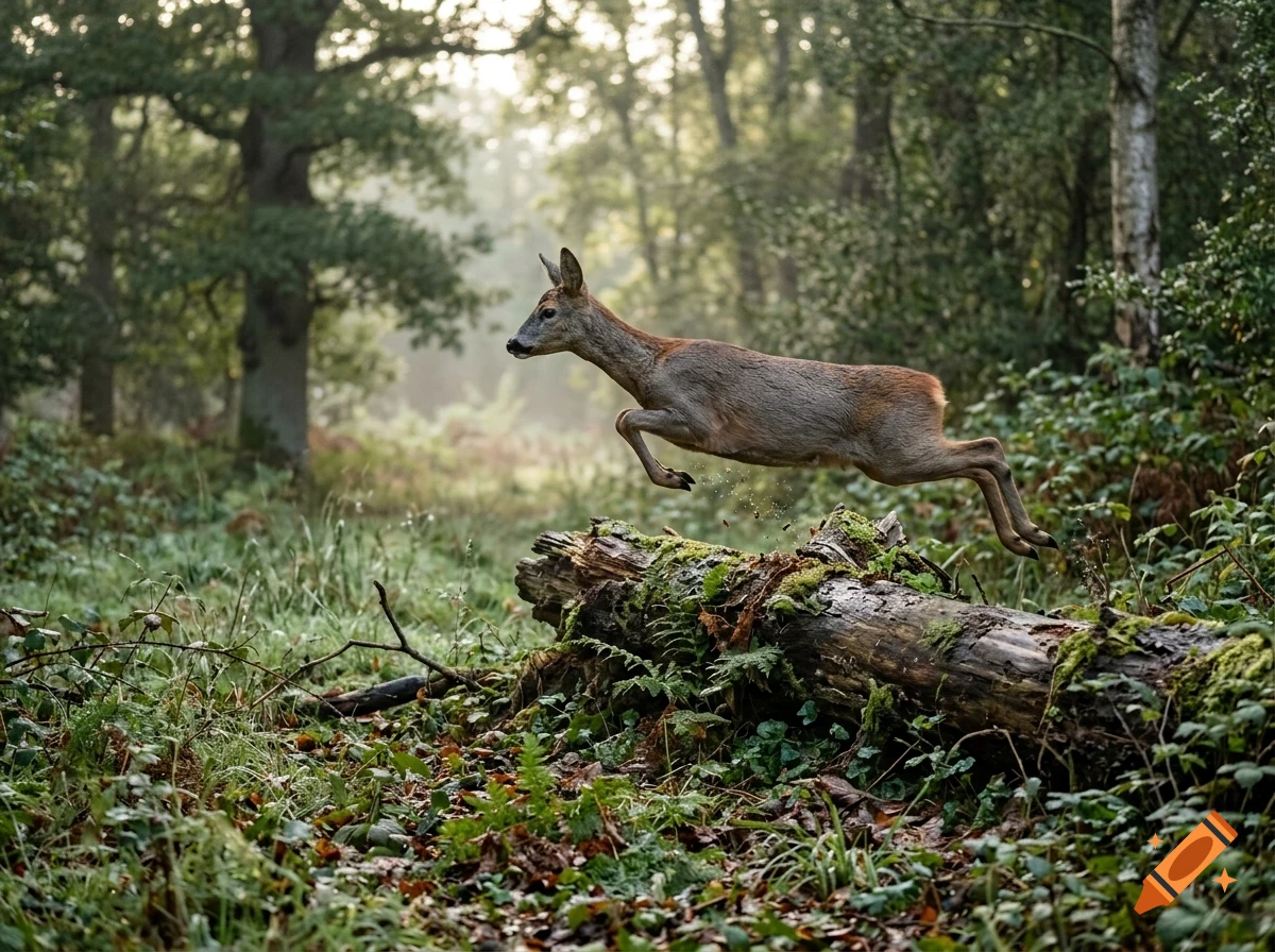 A roe deer leaping over a mossy fallen log in a lush green forest.