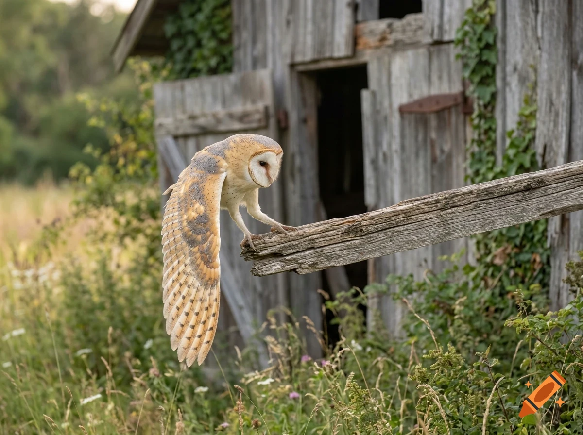 A barn owl landing on a wooden beam in front of an old wooden barn.