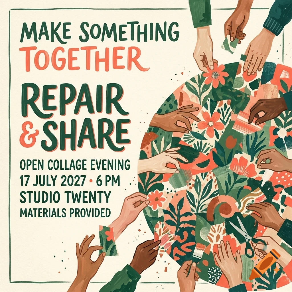 An illustrated poster with hands collaborating on a floral collage circle, accompanied by the text 'Make Something Together, Repair & Share'.