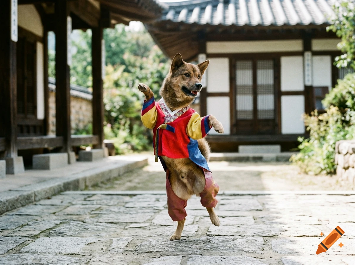 A Shiba Inu dog wearing a traditional Korean hanbok standing on its hind legs in a traditional courtyard.
