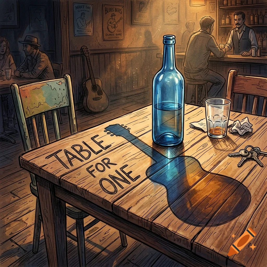 An illustrated view of a bar table with a blue bottle, a glass, keys, and the text Table For One next to a guitar-shaped shadow.