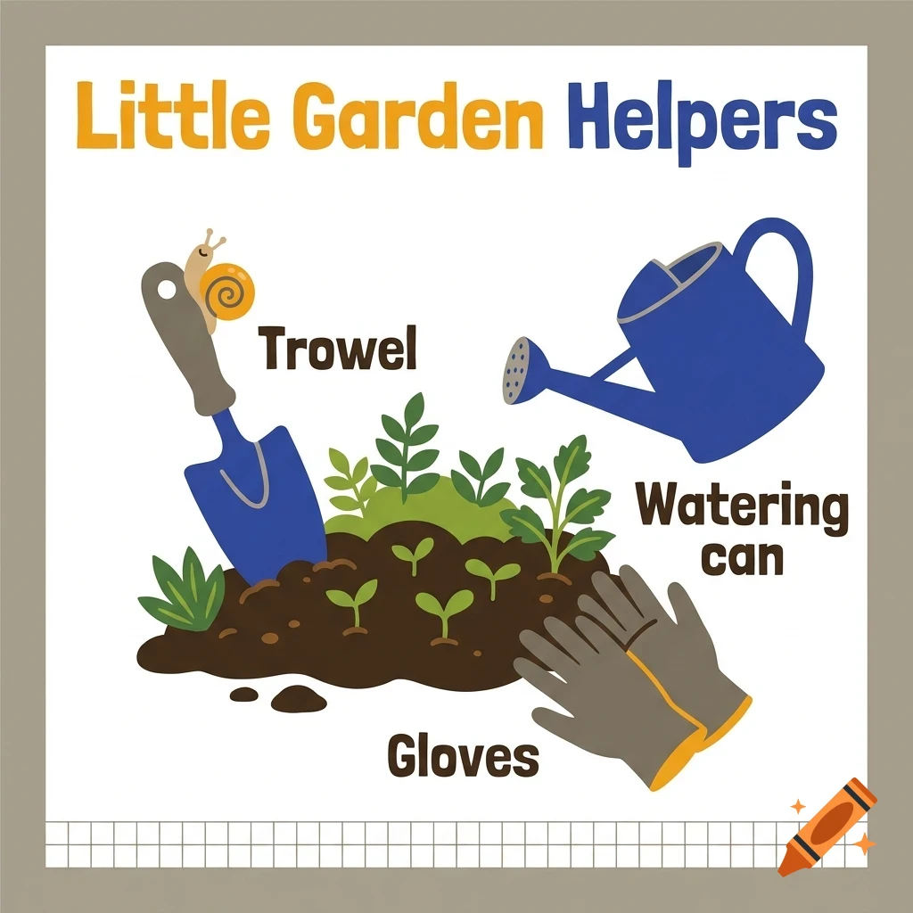 An educational illustration titled Little Garden Helpers showing a trowel, watering can, gloves, and small plants in soil.