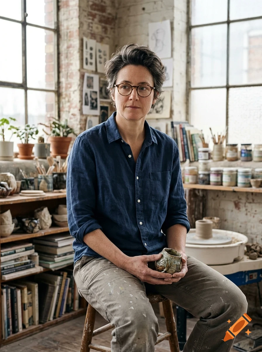 Portrait of a potter holding a small ceramic cup in a studio with shelves of pottery and books.