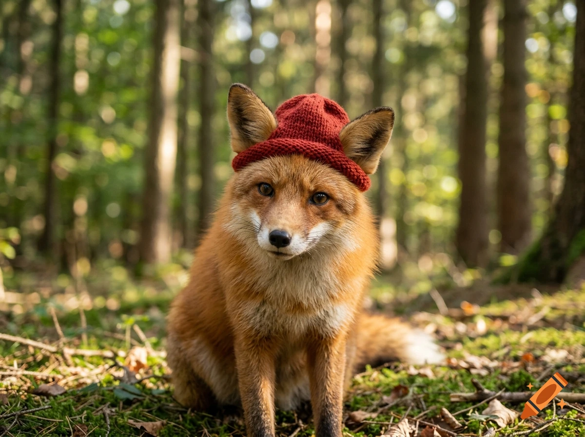 A photorealistic red fox wearing a small red knit hat, sitting in a forest.