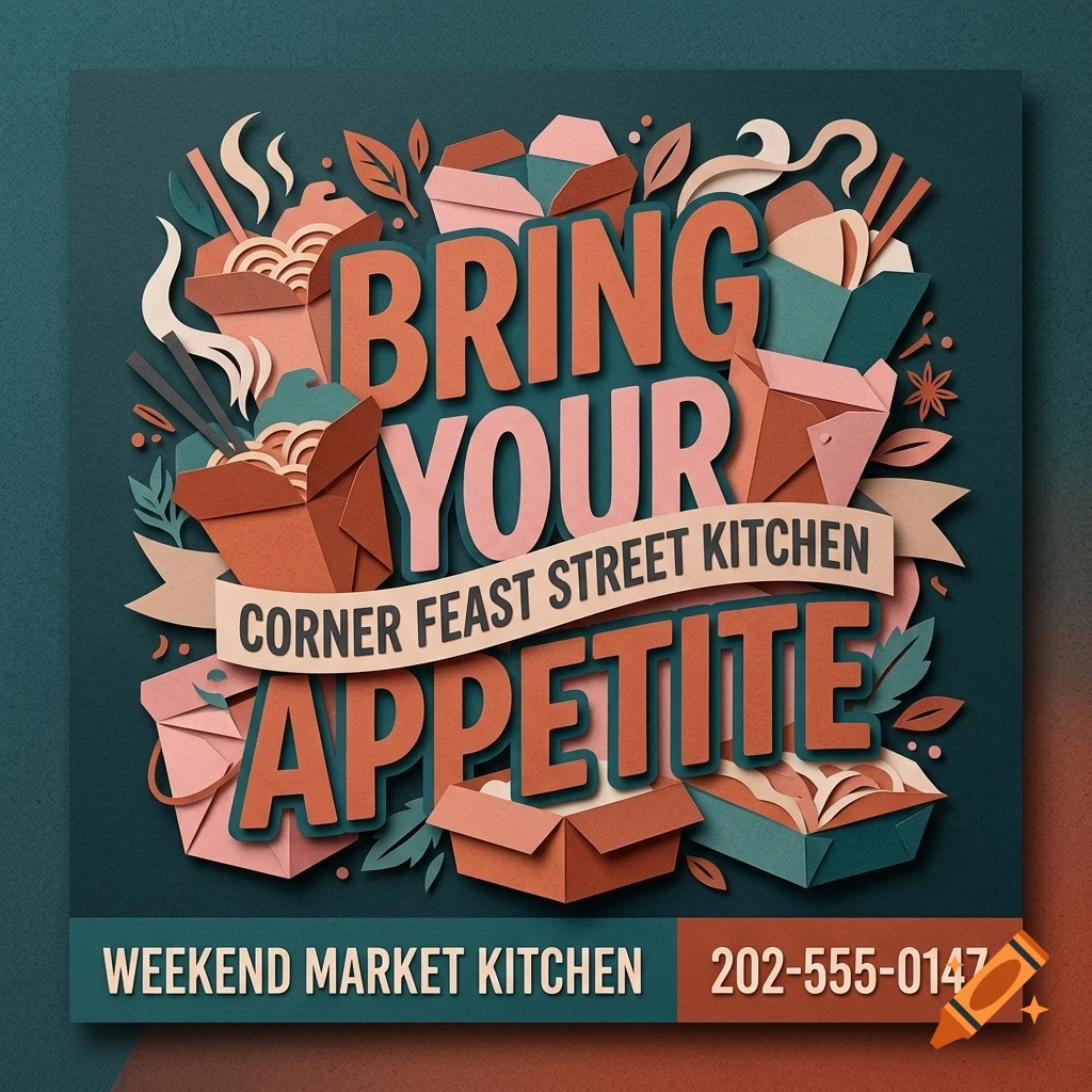 A stylized graphic design featuring layered papercut-style lettering that reads 'BRING YOUR APPETITE', surrounded by take-out boxes, noodles, and leaves, with text at the bottom reading 'WEEKEND MARKET KITCHEN 202-555-0147'.