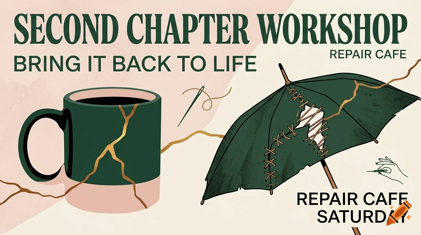 A poster for Second Chapter Workshop Repair Cafe featuring a cracked mug with gold kintsugi and a stitched umbrella.