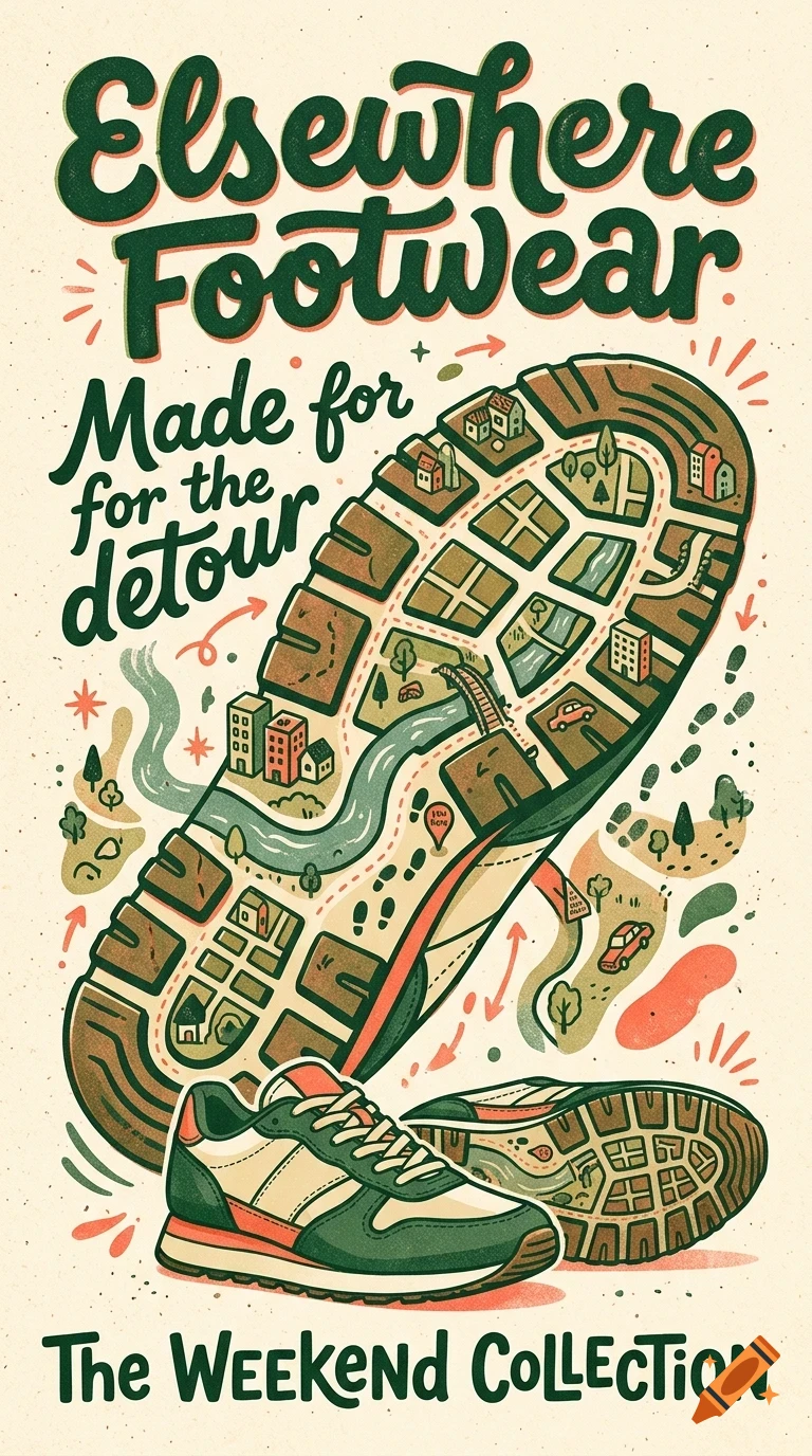 An illustration of a shoe sole designed as a map with buildings, trees, and roads, accompanied by two sneakers and bold lettering.