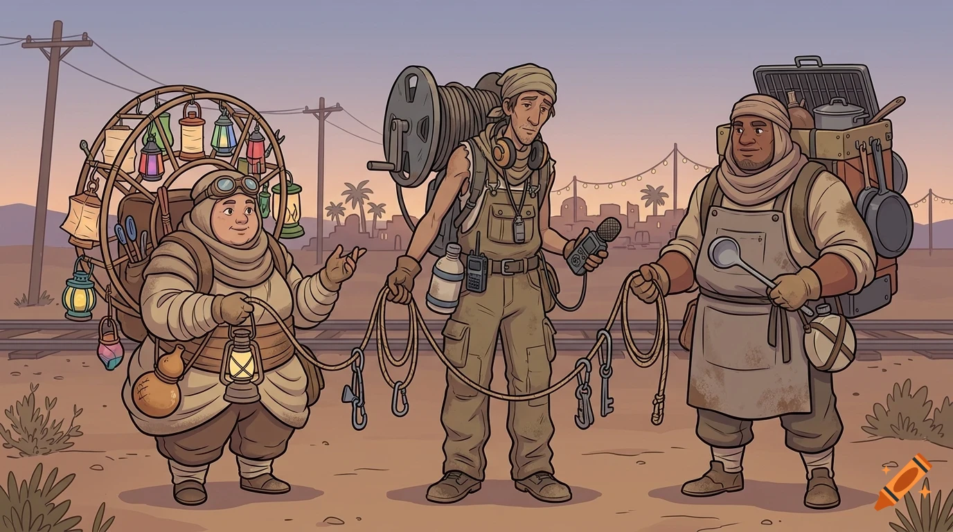 Three travelers with heavy gear and ropes stand together in a desert landscape.