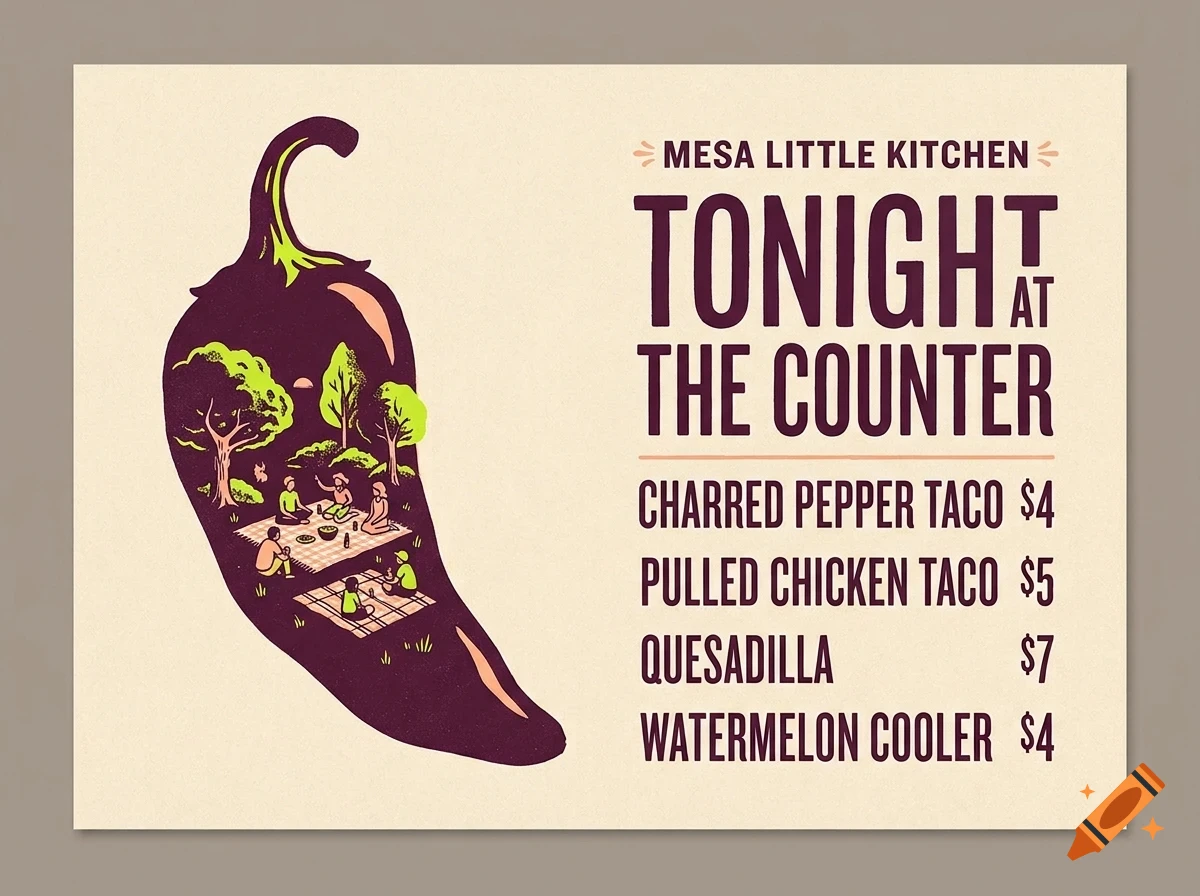 A poster for Mesa Little Kitchen featuring a large pepper illustration enclosing a park scene with people picnicking, alongside menu items and prices.