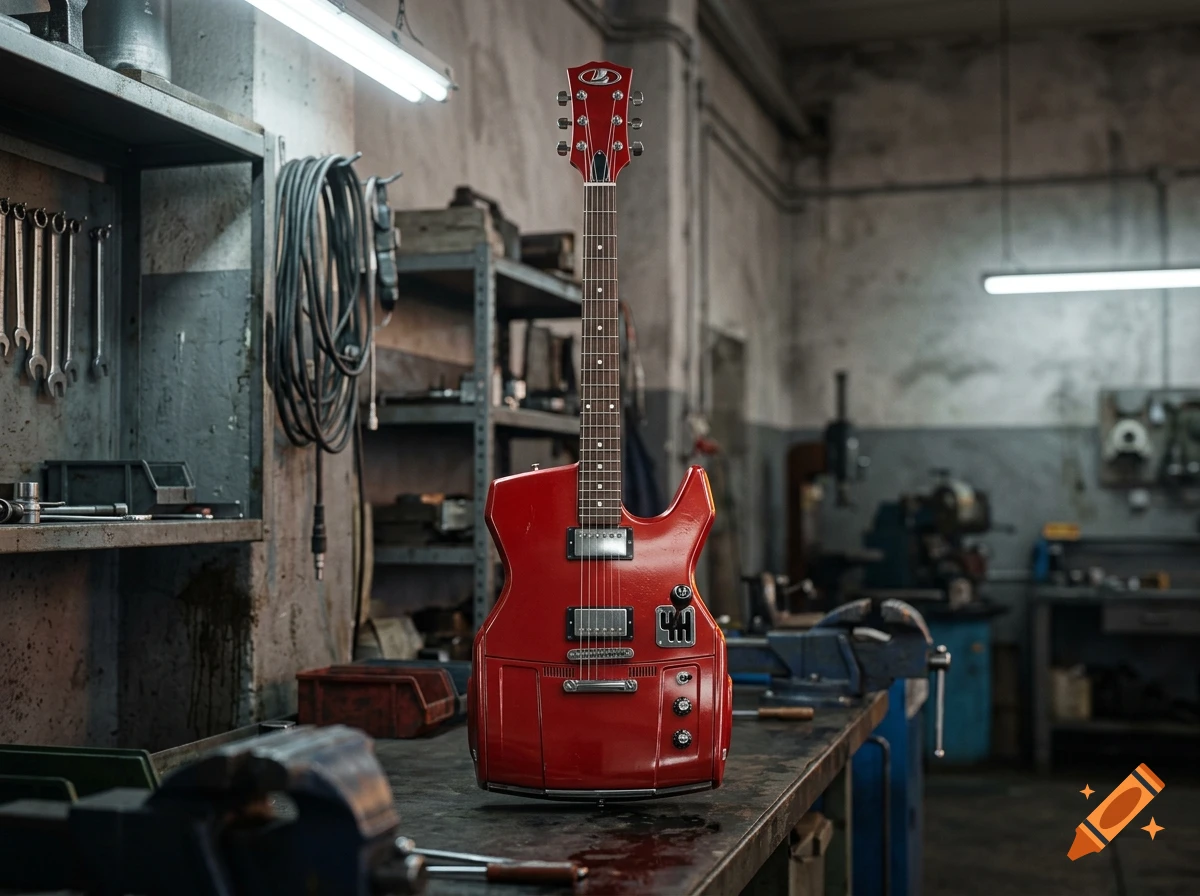 Photorealistic image of a red electric guitar designed with Lada car features, standing on a workbench in an industrial garage.