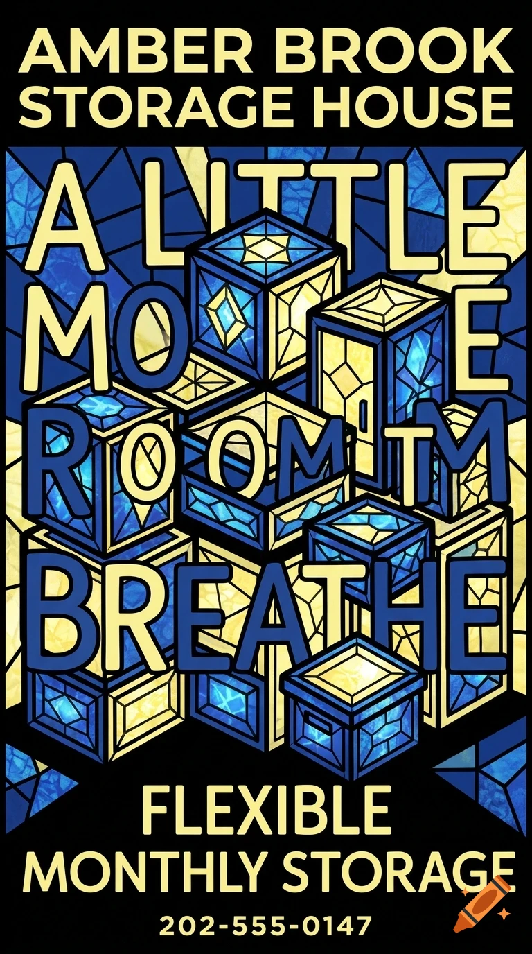 An advertisement for Amber Brook Storage House featuring stacked blue and yellow storage box illustrations and text.