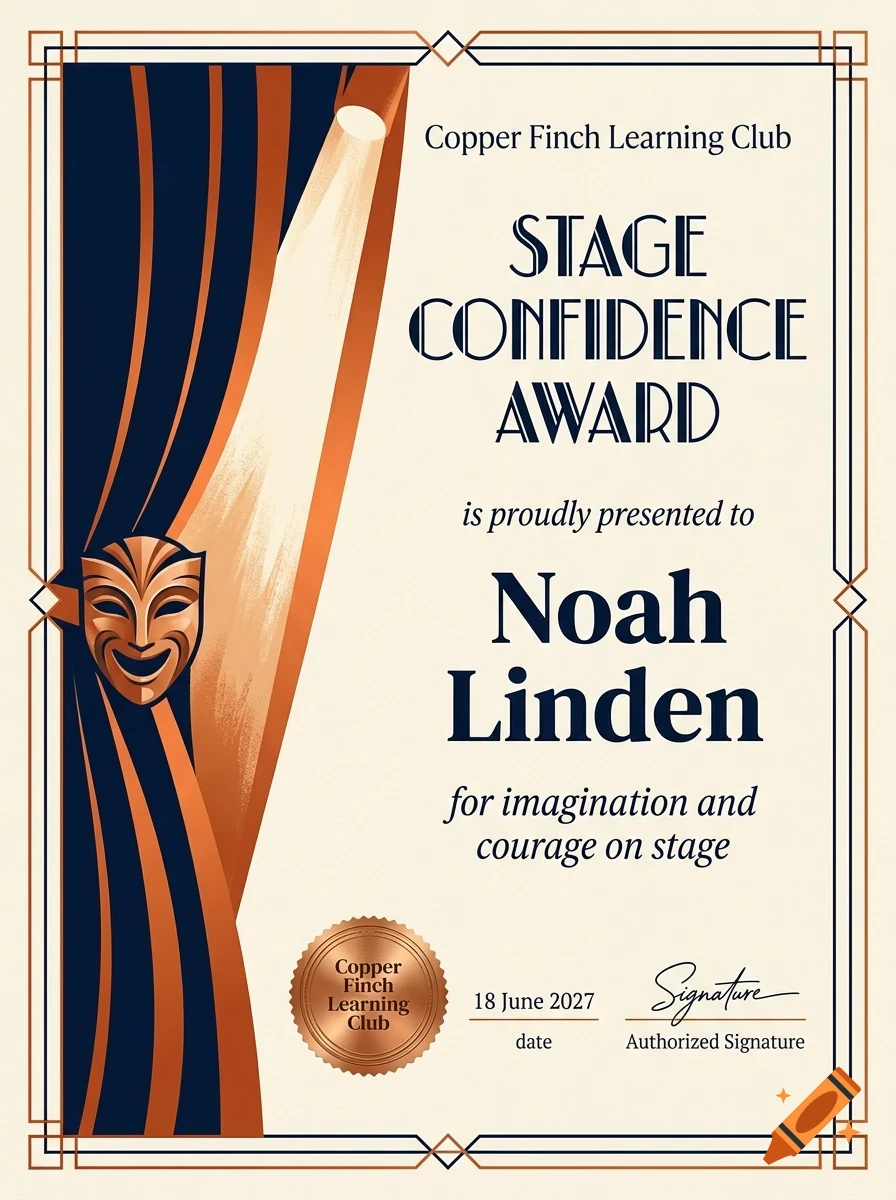 An art deco style certificate titled Stage Confidence Award for Noah Linden featuring theater curtains, a comedy mask, and a spotlight.