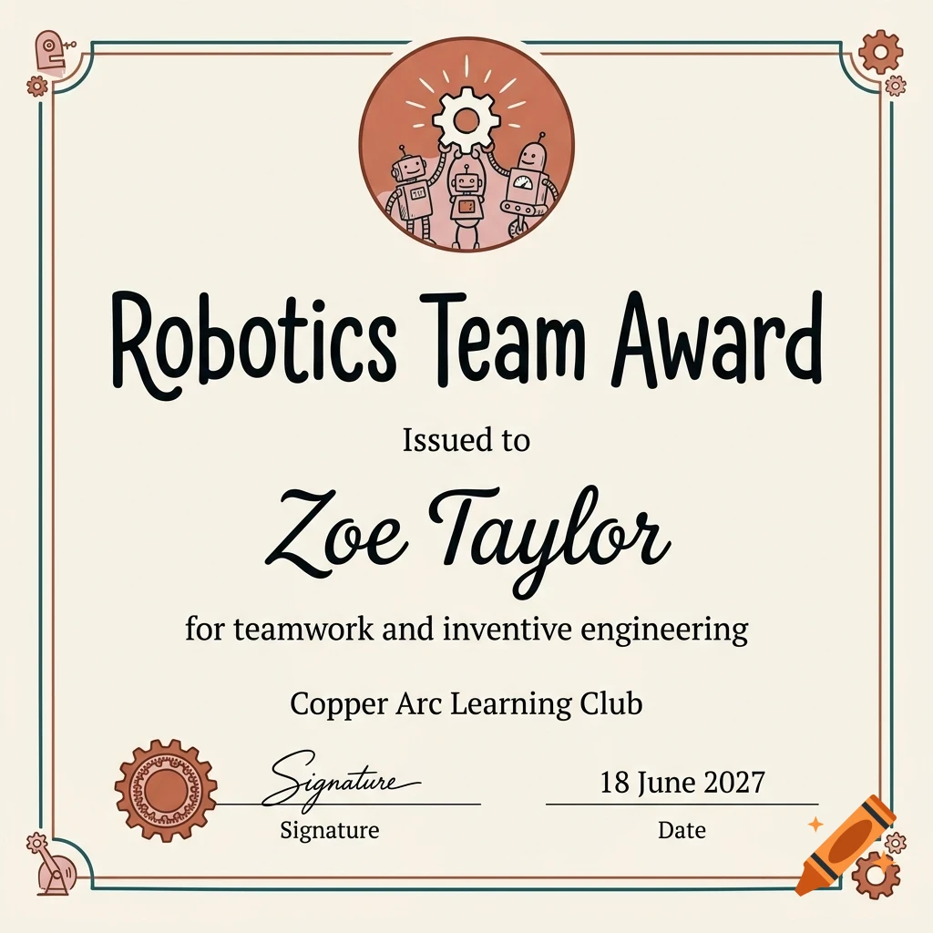 An award certificate titled Robotics Team Award with a cartoon illustration of robots.